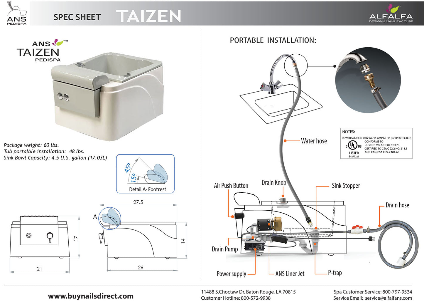 Taizen Pedicure Spa Portable w/ installation by Alfalfa FREE SHIPPING